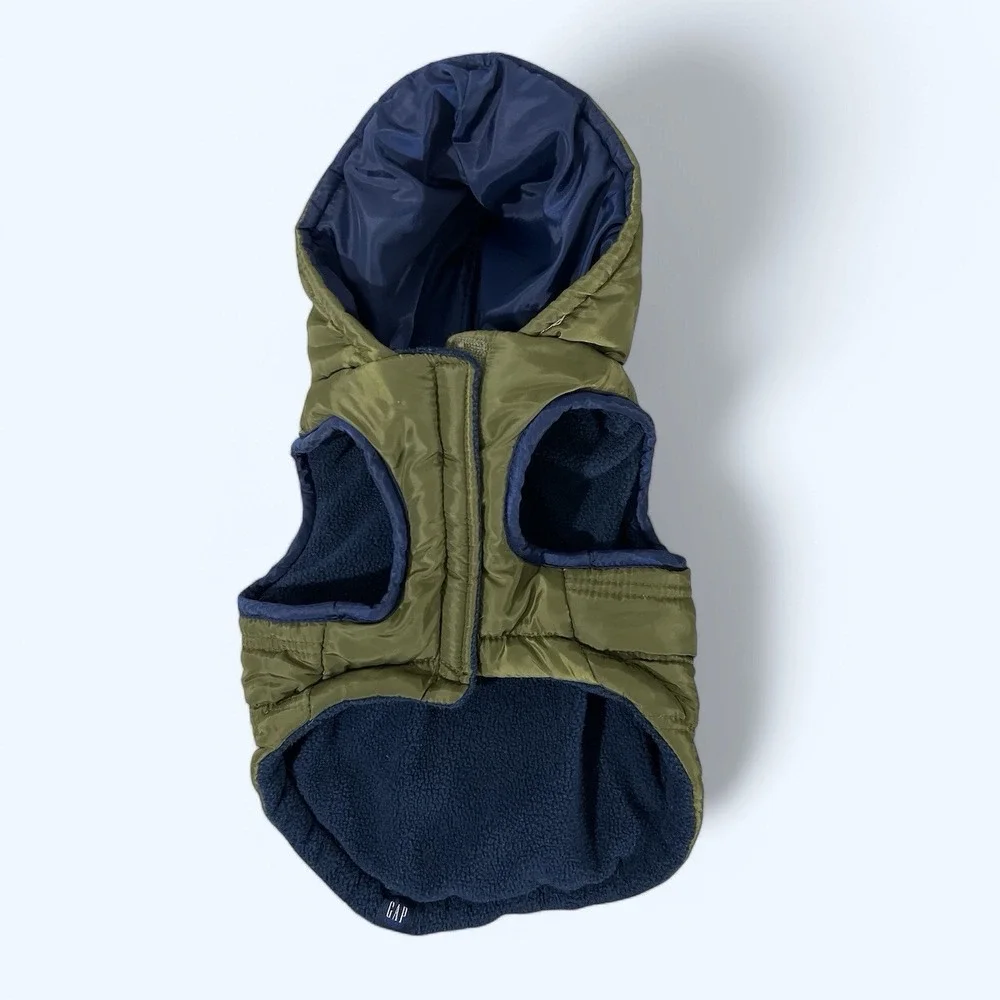 GAP Green & Navy Blue Quilted Bomber Zip Up Hooded Dog Coat/Jacket Small